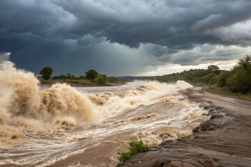 Powerful muddy floodwaters surge with force through a turbulent river under a stormy, overcast sky