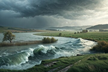 Powerful River Overflow Creating Turbulent Rolling Waves Under Dramatic Stormy Skies