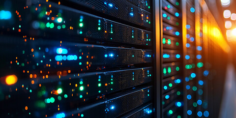 Data center servers blinking with lights during operations Generative AI