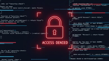 Red neon lock symbol with access control warning indicating denied access to confidential data against code background.