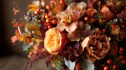 Autumn wedding bouquet with warm-toned flowers and foliage, cozy seasonal wedding theme. 