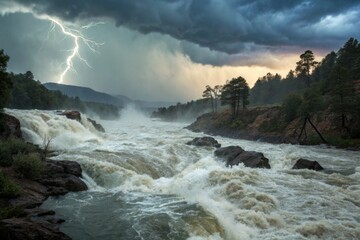 Powerful storm with lightning strikes over a raging river and turbulent floodwaters flowing through a rocky, forested landscape