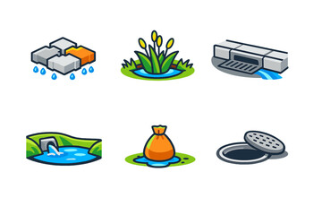 Set of isometric icons representing water and drainage elements