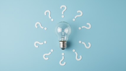 Lightbulb surrounded by question marks on a blue background symbolizing idea generation and inspiration analysis.