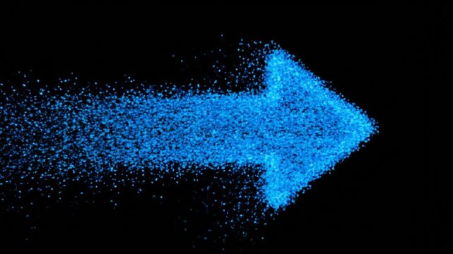 blue particle arrow animation flowing across a black background transitioning from small to large