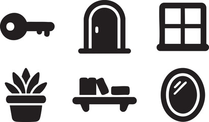 Black of a key a door a window a plant a shelf with books and a mirror