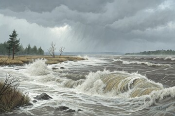 Turbulent Floodwaters and Crashing Waves Under a Stormy Sky