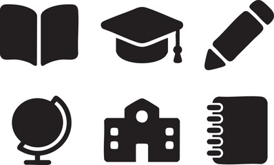 Black of an open book graduation cap pencil globe school building and notebook mortarboard