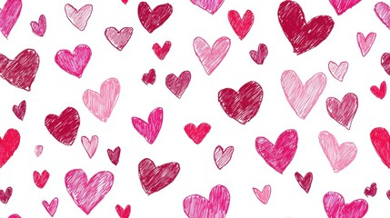 Mothers Day, Valentines Day, love holiday theme. A vibrant, handdrawn pattern of pink hearts on a crisp white background, creating a cheerful and romantic atmosphere perfect for Valentines Day.