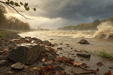 Turbulent Floodwaters Rage Along a Rocky Riverbank Under a Stormy Sky