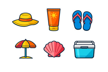 Fototapeta premium Summer beach icons: hat, sunscreen, flip-flops, umbrella, shell