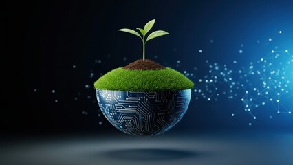 Young plant growth emerging from a digital technology sphere covered with grass and soil against a dark background