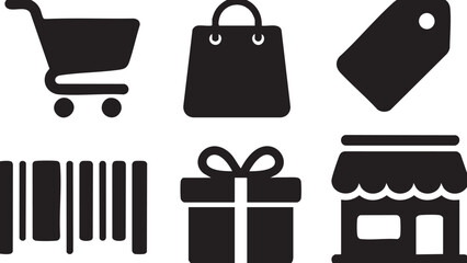 Black shopping cart shopping bag price tag barcode gift box and store trolley