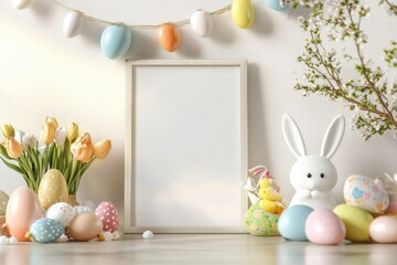 Easter holiday poster mockup with bunnies and decorated eggs for spring celebration