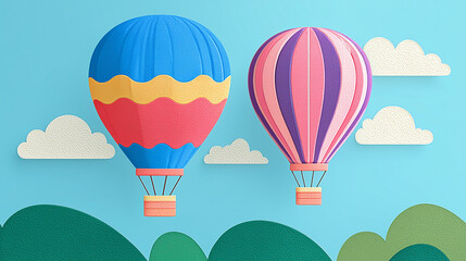 Colorful Hot Air Balloons in Paper Cut Style Sky Scene