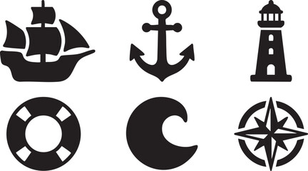 Black silhouette of a sailing ship anchor lighthouse lifebuoy wave and compass rose white
