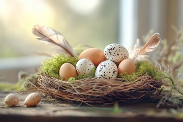 Colorful speckled easter eggs in decorative nest for spring celebration design