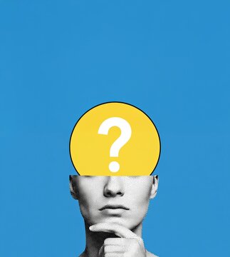 Person with a thoughtful expression and a yellow question mark above their head representing curiosity and uncertainty.