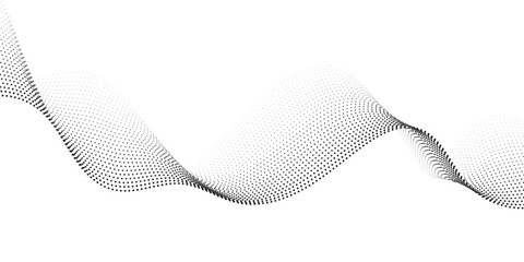 Flowing dots particles wave pattern halftone gradient curve shape isolated on white background.