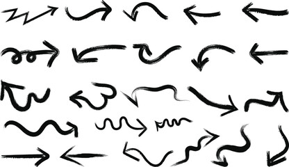 A collection of hand drawn black arrows in various styles and directions silhouette