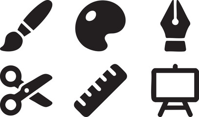 Collection of black and craft tool including paintbrush palette scissors ruler easel and pen nib