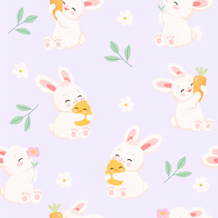 Seamless pattern with rabbit, chick, flowers. Vector illustration. Happy Easter day.