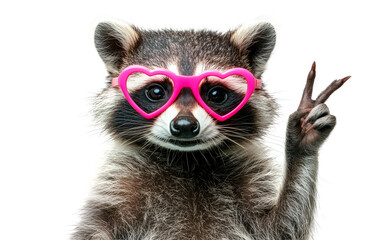 Obraz premium funny raccoon wearing pink heart-shaped glasses isolated on a wtransparent background