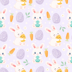 Seamless pattern with rabbit, chick, flowers. Vector illustration. Happy Easter day.