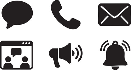 Collection of six black communication and notification on white background speech bubble