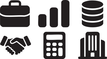 Collection of six black business including briefcase graph database handshake calculator and building