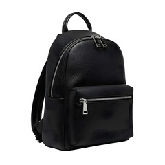 Fototapeta premium Stylish black leather backpack with silver zippers on black background