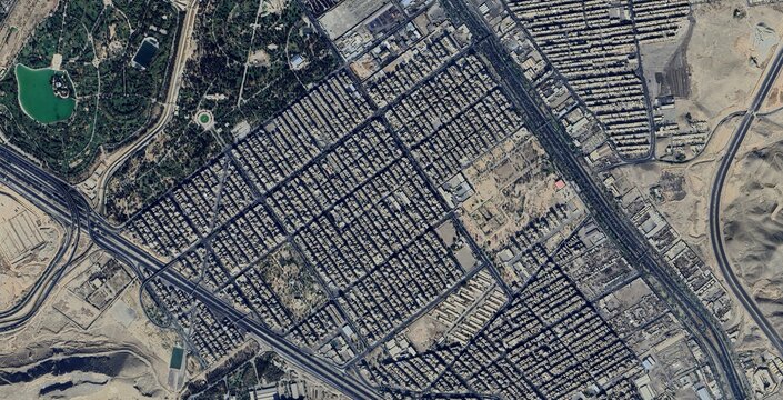 Satellite view of Tehran city infrastructure and urban landscape in Iran