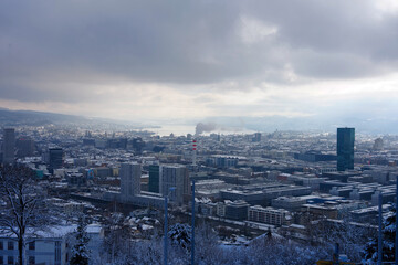 High angle view of Swiss city of Z&uuml;rich seen from viewpoint on a winter day. Photo taken January 11th, 2026, Zurich, Switzerland.