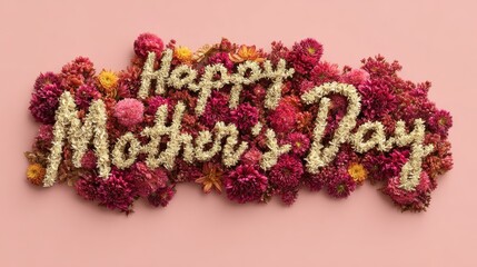 Mothers Day, Valentines Day, love holiday theme. A vibrant display of flowers arranged to spell out the phrase Happy Mothers Day against a soft pink background.