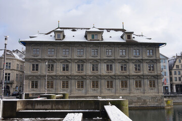 Stone facade of historic town hall at the old town of Swiss city of Z&uuml;rich on a winter day. Photo taken January 11th, 2026, Zurich, Switzerland.