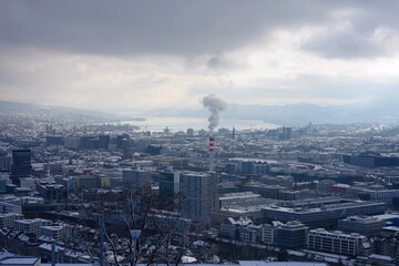 High angle view of Swiss city of Z&uuml;rich seen from viewpoint on a winter day. Photo taken January 11th, 2026, Zurich, Switzerland.