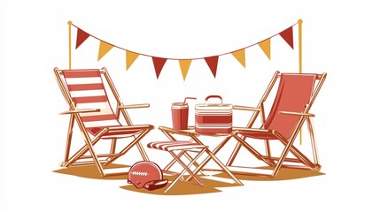 Red and white folding chairs with picnic cooler & festive bunting , summer outdoor setup for backyard party visuals, picnic promotions, leisure lifestyle designs