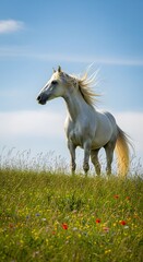 Obraz premium Majestic white horse standing on a grassy hill against a blue sky