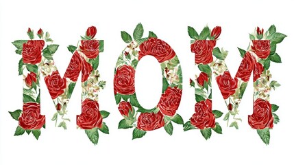 Mothers Day, Valentines Day, love holiday theme. The word MOM adorned with vibrant red roses and lush green leaves against a crisp white background, creating a striking contrast.