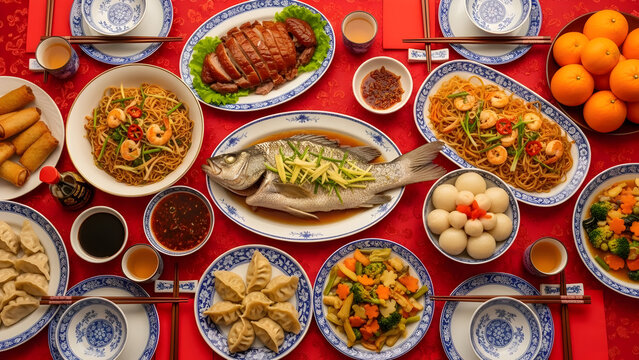 A vibrant and abundant traditional imlek Asian feast laid out on a red table, featuring a variety of delectable dishes, symbolizing prosperity and good fortune