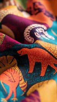 Textile with a colorful pattern featuring Indian motifs, including elephants and peacocks. The fabric is hand-embroidered in traditional patterns.