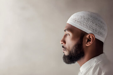 Muslim man with beard wearing a white cap looks to the side against a plain background