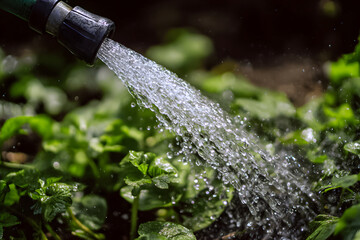 Water flows from a garden hose onto green plants in a sunny outdoor space during daytime gardening activity