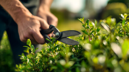 Gardener trims bushes in the backyard during the afternoon to maintain plant growth and shape