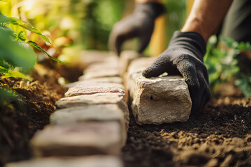 Worker places stones in garden path during sunny afternoon in outdoor space
