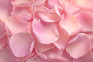Soft pink rose petals scattered on a light background create a simple and fresh natural scene in springtime