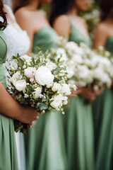 Bridesmaids hold white and green bouquets during a wedding ceremony in a garden at an outdoor venue in summer