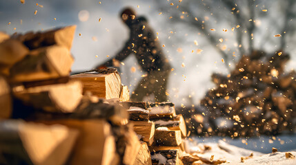 Wood chopping in the winter sun with flying wood chips and a worker in the background