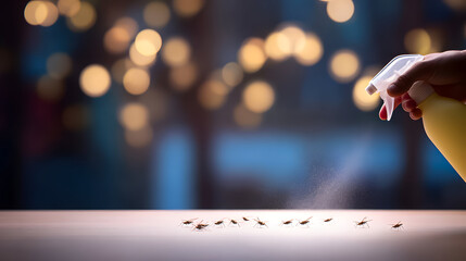 Person sprays insect repellent on a surface to control mosquito population during evening hours in an outdoor setting