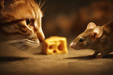 Cat and mouse encounter over a piece of cheese in a dim room during evening hours